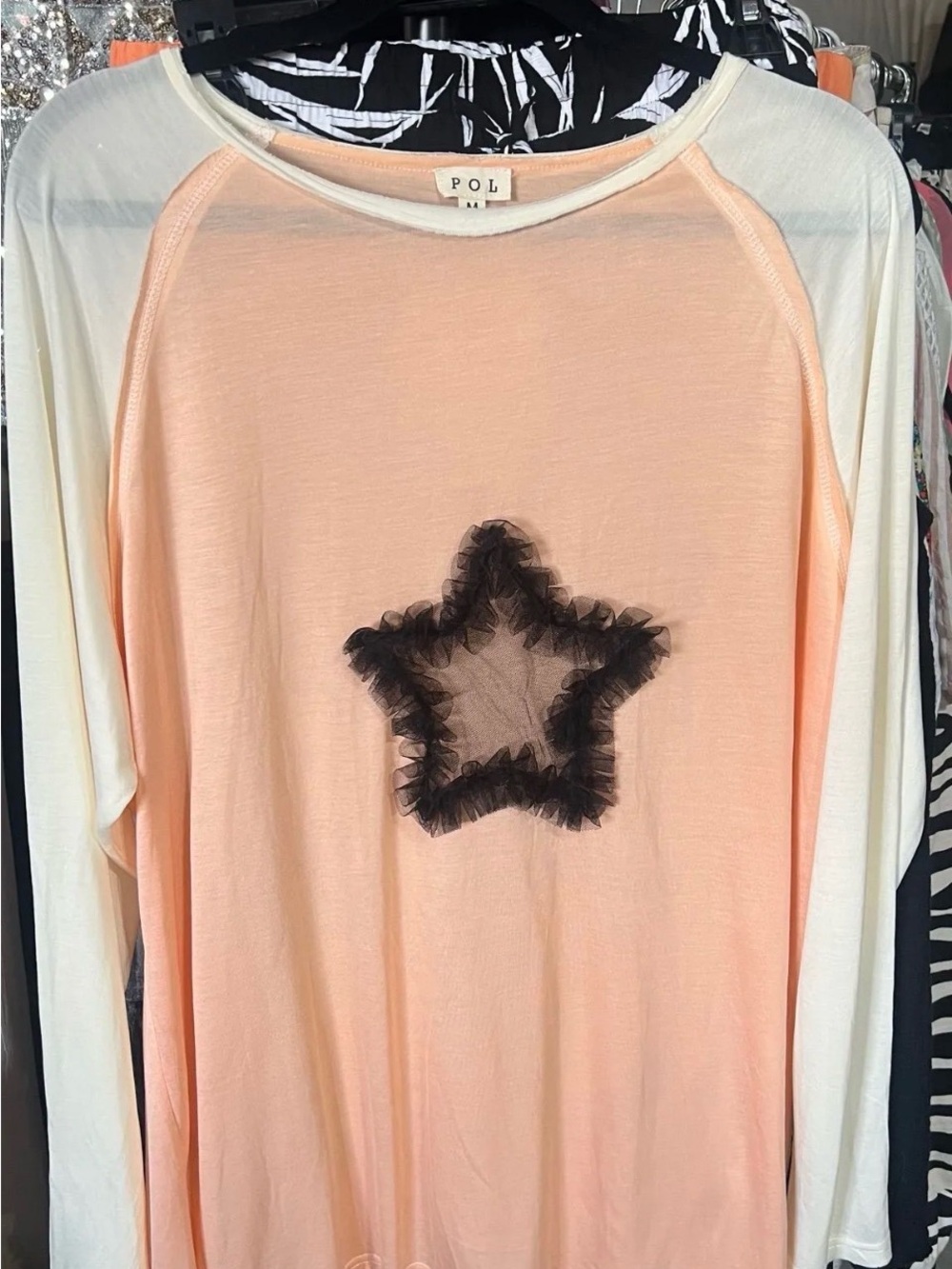 POL Peach and Cream Raglan Long Sleeve Top with Black Tulle Star